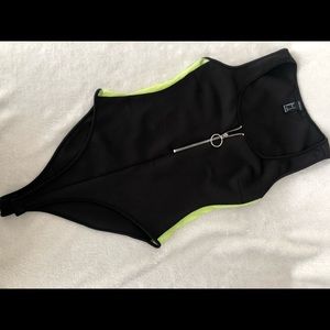 Forever 21 Black Knit Bodysuit Women's Size S Yellow Side Mesh 1/2 Zip Stretch